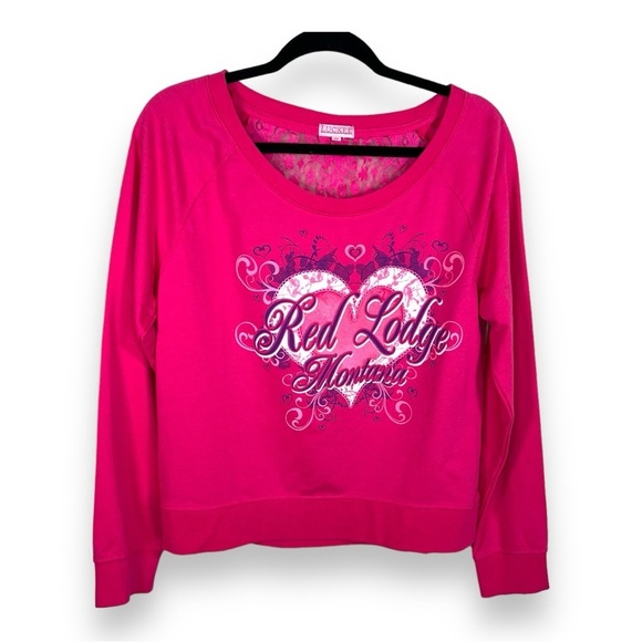 Sweaters - LARGE RED LODGE MONTANA FUCHSIA PINK SWEATSHIRT COZY COMFORTABLE LACE ACCENT